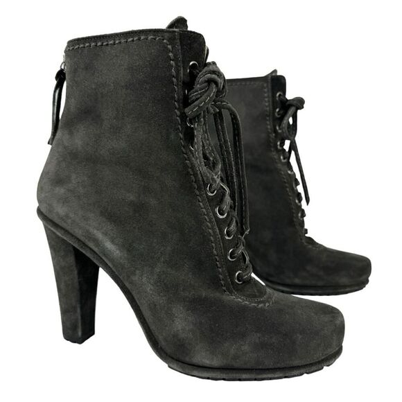 Miu Miu Booties Lace Up Suede Leather Ankle Boots Block High Heel Round Toe 39 - Picture 12 of 16